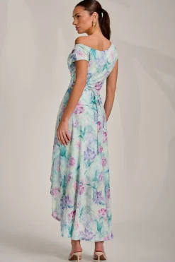 Jolie Moi Occasion Dresses|Sleeveless Dresses-Asymmetric Draped Mesh Maxi Dress, Green Floral