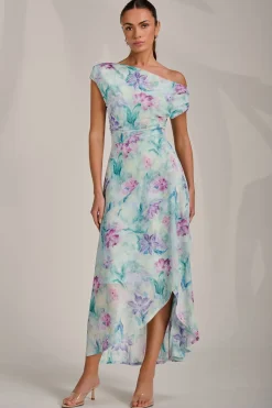 Jolie Moi Occasion Dresses|Sleeveless Dresses-Asymmetric Draped Mesh Maxi Dress, Green Floral
