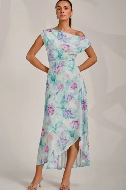 Jolie Moi Occasion Dresses|Sleeveless Dresses-Asymmetric Draped Mesh Maxi Dress, Green Floral