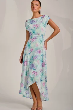 Jolie Moi Occasion Dresses|Sleeveless Dresses-Asymmetric Draped Mesh Maxi Dress, Green Floral