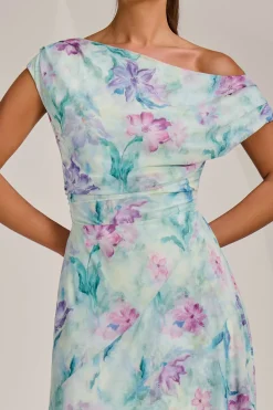 Jolie Moi Occasion Dresses|Sleeveless Dresses-Asymmetric Draped Mesh Maxi Dress, Green Floral