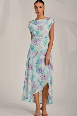 Jolie Moi Occasion Dresses|Sleeveless Dresses-Asymmetric Draped Mesh Maxi Dress, Green Floral