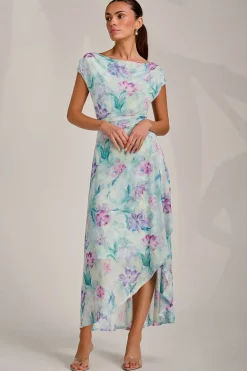 Jolie Moi Occasion Dresses|Sleeveless Dresses-Asymmetric Draped Mesh Maxi Dress, Green Floral