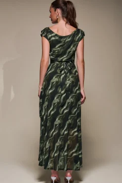 Jolie Moi Occasion Dresses|Mesh Dresses-Asymmetric Draped Mesh Maxi Dress, Khaki Abstract