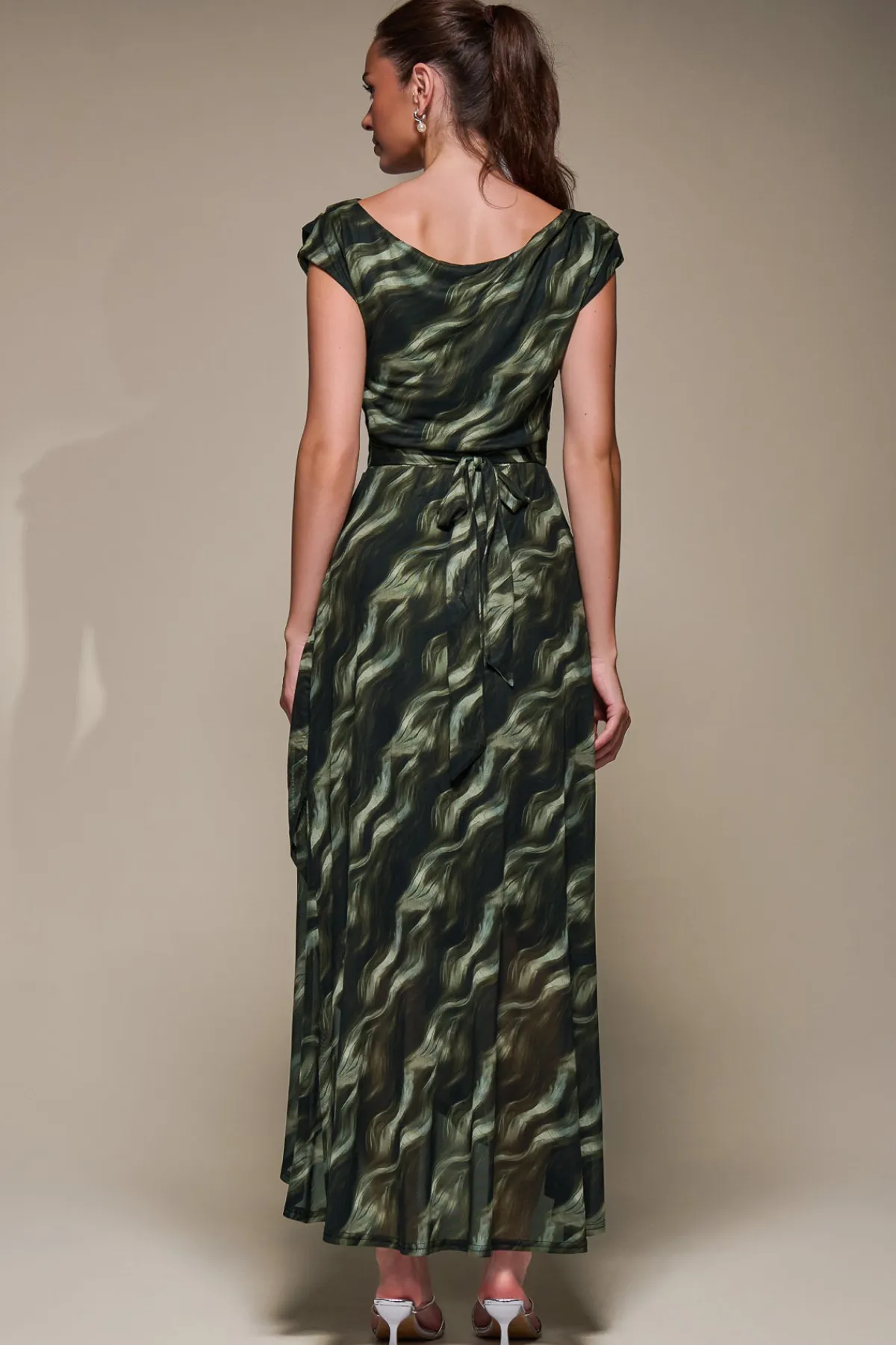 Jolie Moi Occasion Dresses|Mesh Dresses-Asymmetric Draped Mesh Maxi Dress, Khaki Abstract
