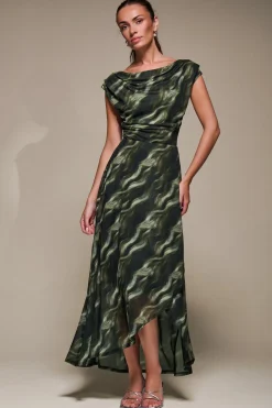 Jolie Moi Occasion Dresses|Mesh Dresses-Asymmetric Draped Mesh Maxi Dress, Khaki Abstract