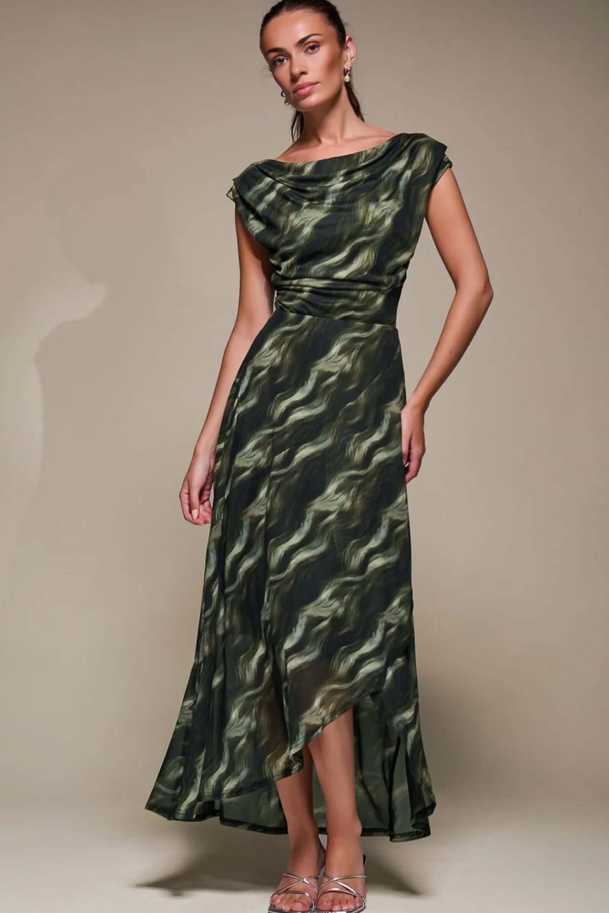 Jolie Moi Occasion Dresses|Mesh Dresses-Asymmetric Draped Mesh Maxi Dress, Khaki Abstract