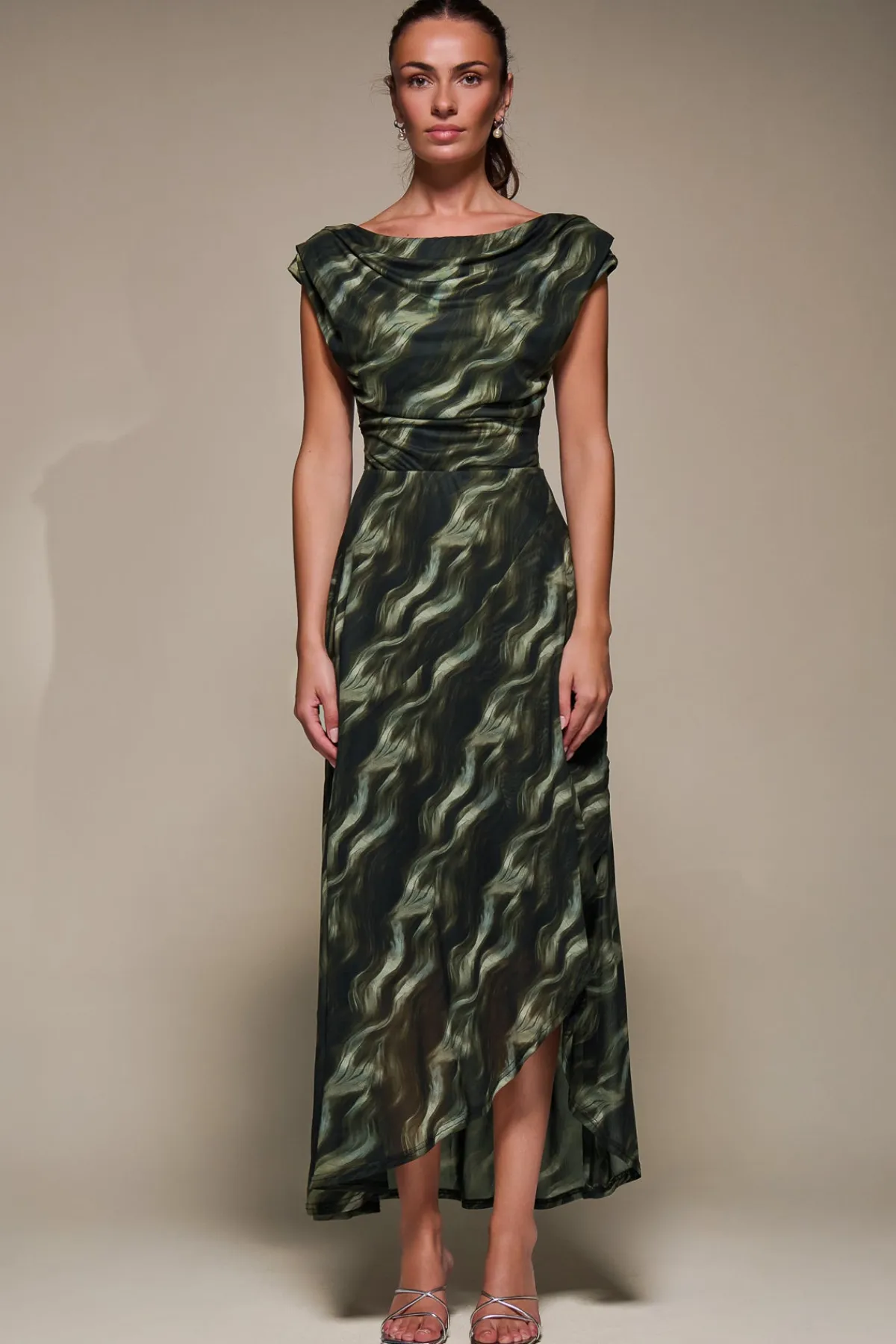 Jolie Moi Occasion Dresses|Mesh Dresses-Asymmetric Draped Mesh Maxi Dress, Khaki Abstract