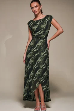 Jolie Moi Occasion Dresses|Mesh Dresses-Asymmetric Draped Mesh Maxi Dress, Khaki Abstract