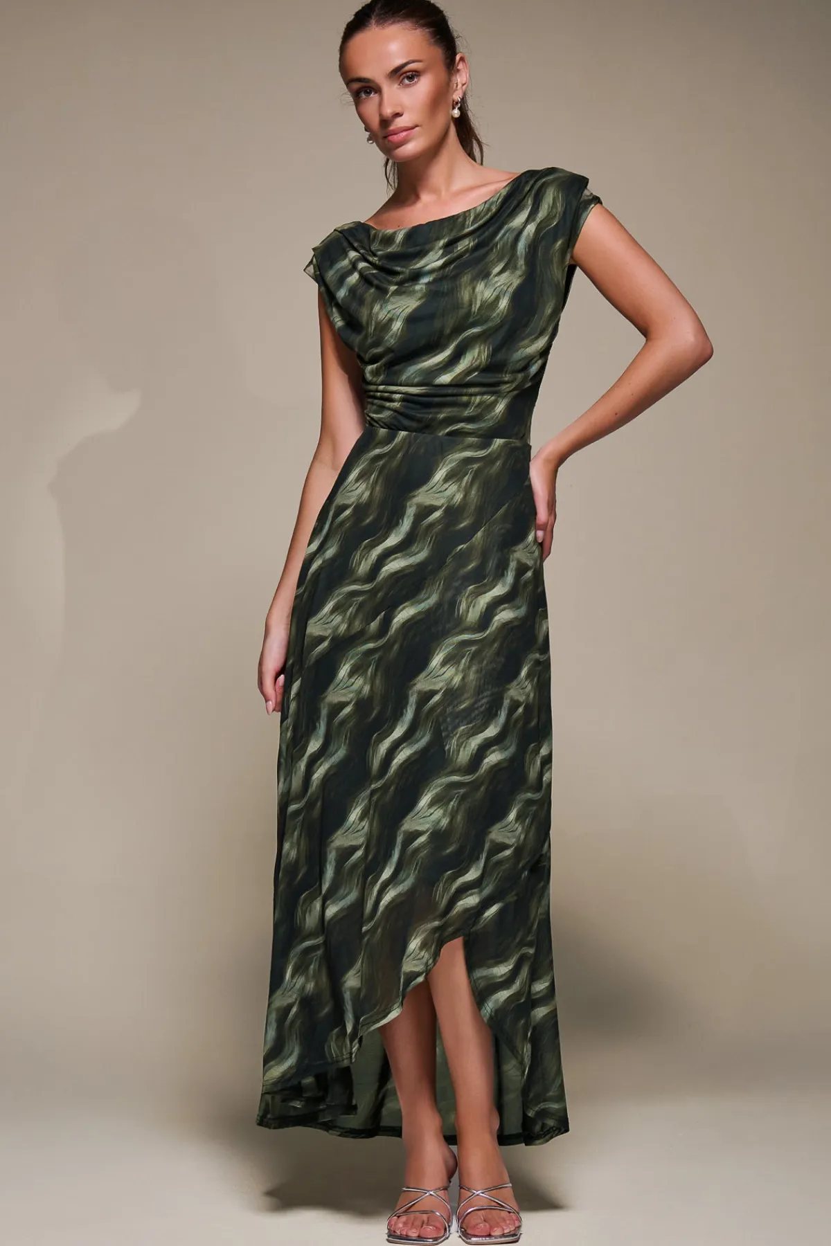 Jolie Moi Occasion Dresses|Mesh Dresses-Asymmetric Draped Mesh Maxi Dress, Khaki Abstract