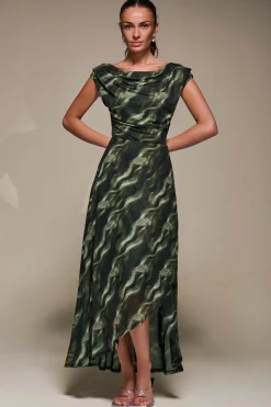 Jolie Moi Occasion Dresses|Mesh Dresses-Asymmetric Draped Mesh Maxi Dress, Khaki Abstract