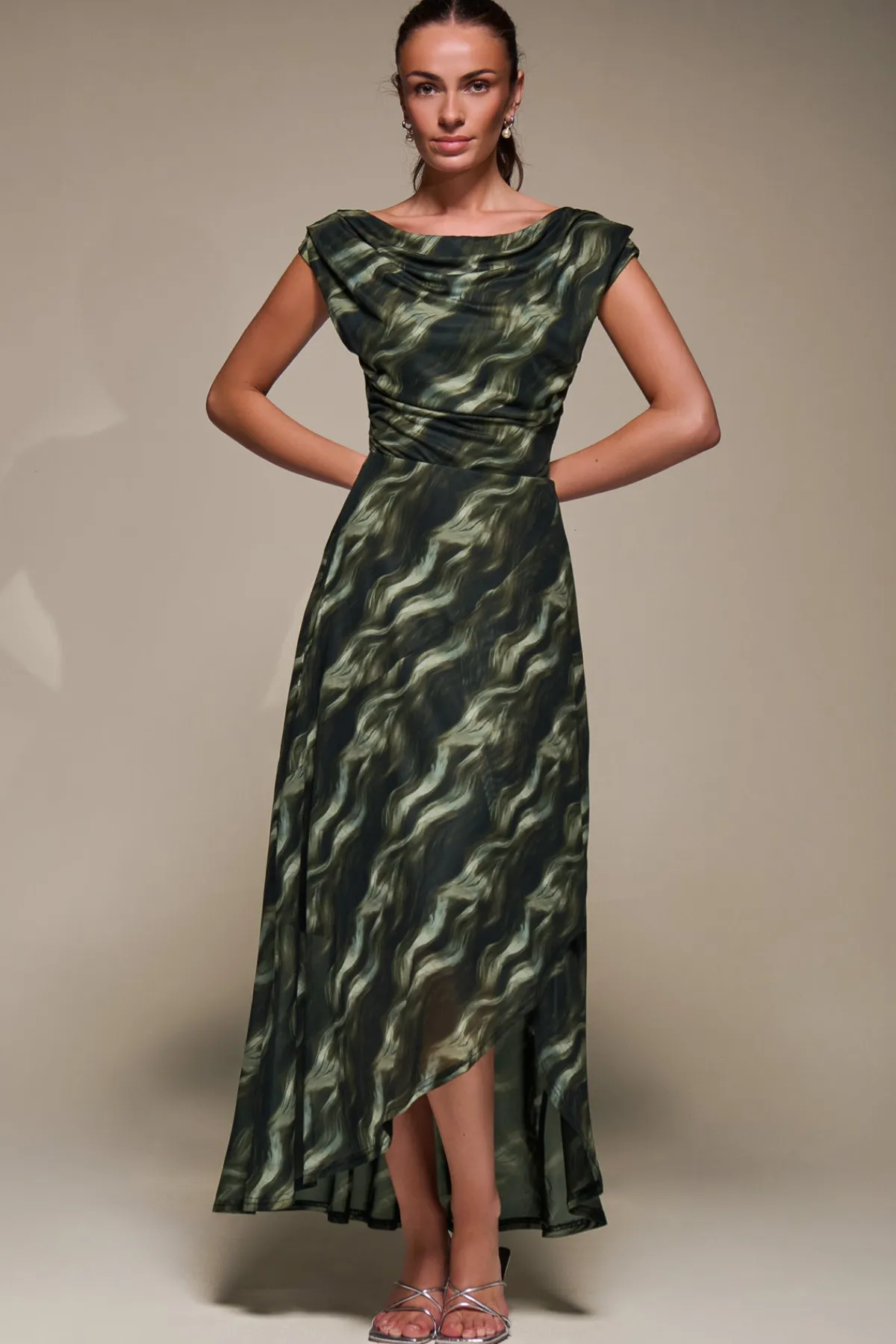 Jolie Moi Occasion Dresses|Mesh Dresses-Asymmetric Draped Mesh Maxi Dress, Khaki Abstract