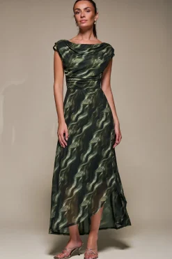 Jolie Moi Occasion Dresses|Mesh Dresses-Asymmetric Draped Mesh Maxi Dress, Khaki Abstract