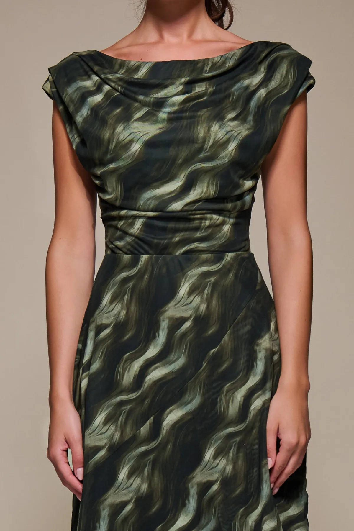 Jolie Moi Occasion Dresses|Mesh Dresses-Asymmetric Draped Mesh Maxi Dress, Khaki Abstract