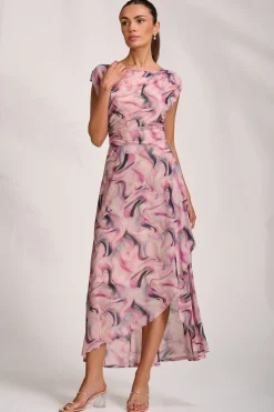 Jolie Moi Occasion Dresses|Sleeveless Dresses-Asymmetric Draped Mesh Maxi Dress, Pink Abstract