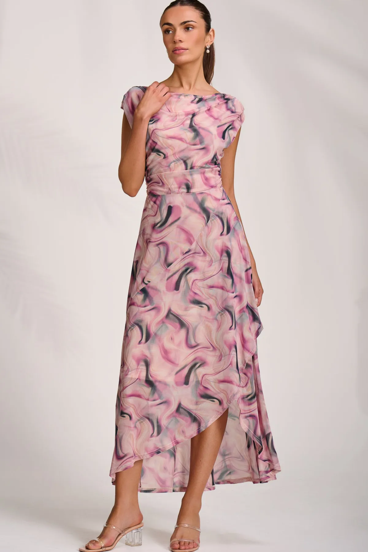 Jolie Moi Occasion Dresses|Sleeveless Dresses-Asymmetric Draped Mesh Maxi Dress, Pink Abstract