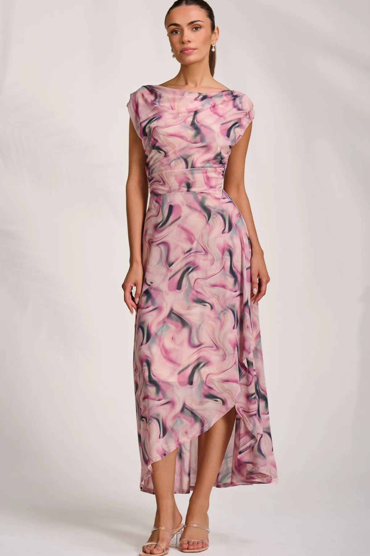 Jolie Moi Occasion Dresses|Sleeveless Dresses-Asymmetric Draped Mesh Maxi Dress, Pink Abstract