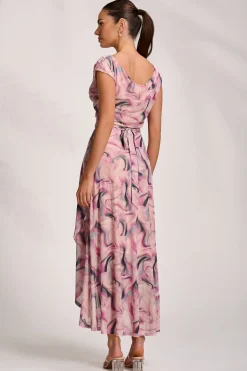 Jolie Moi Occasion Dresses|Sleeveless Dresses-Asymmetric Draped Mesh Maxi Dress, Pink Abstract