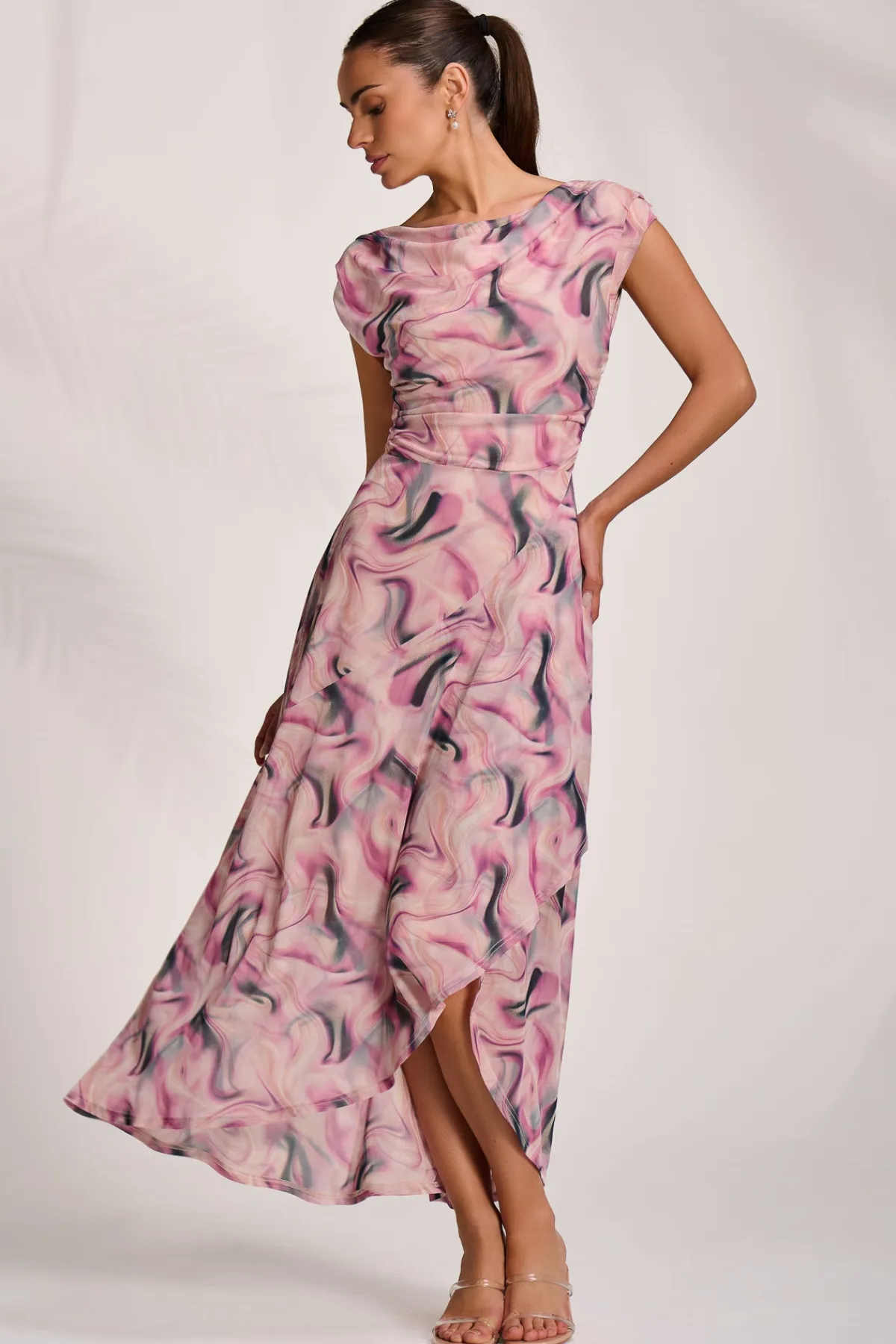 Jolie Moi Occasion Dresses|Sleeveless Dresses-Asymmetric Draped Mesh Maxi Dress, Pink Abstract