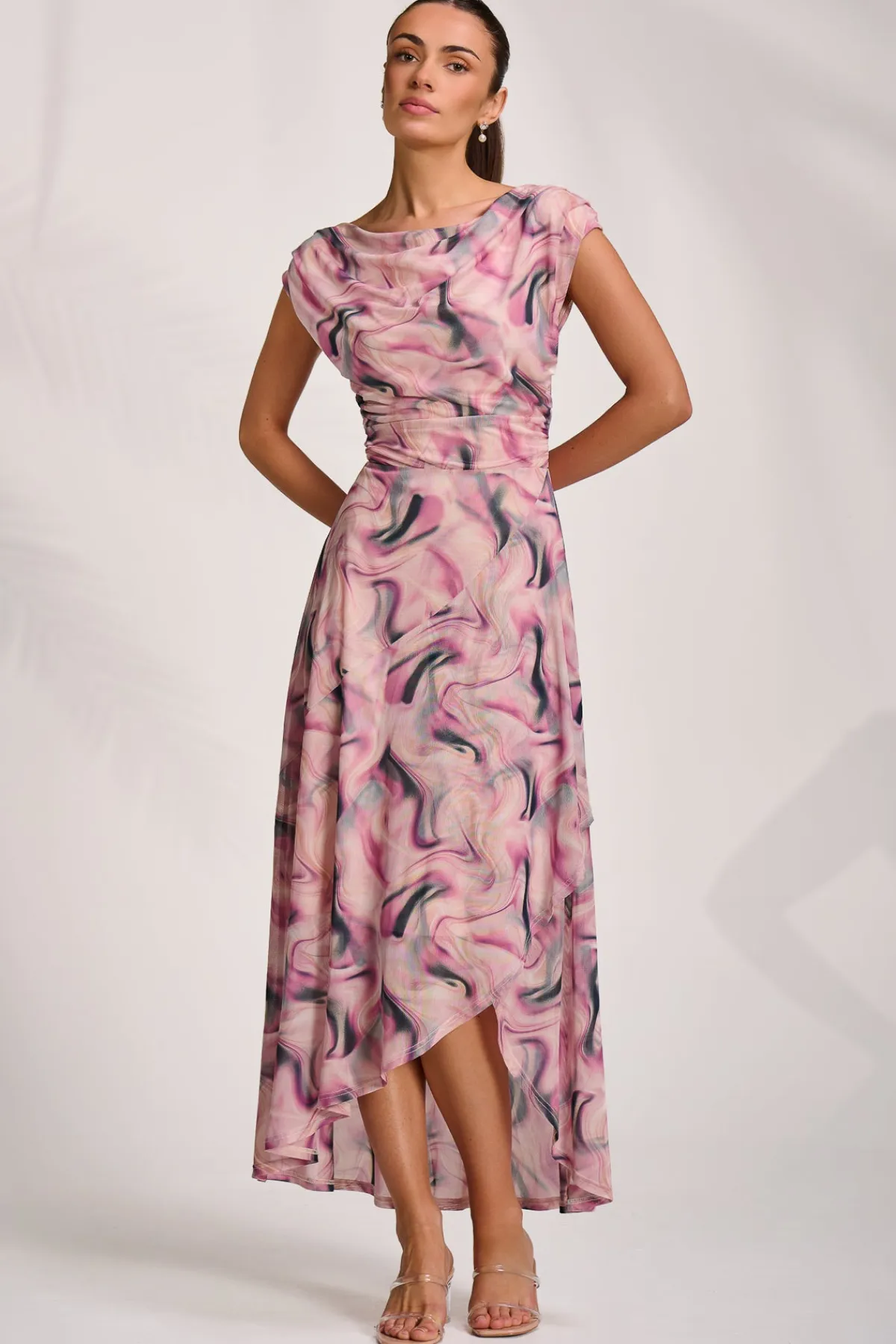 Jolie Moi Occasion Dresses|Sleeveless Dresses-Asymmetric Draped Mesh Maxi Dress, Pink Abstract