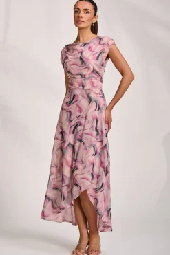 Jolie Moi Occasion Dresses|Sleeveless Dresses-Asymmetric Draped Mesh Maxi Dress, Pink Abstract