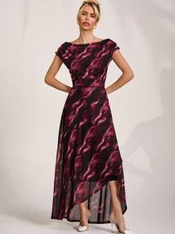 Jolie Moi Occasion Dresses|Sleeveless Dresses-Asymmetric Draped Mesh Maxi Dress, Pink Abstract