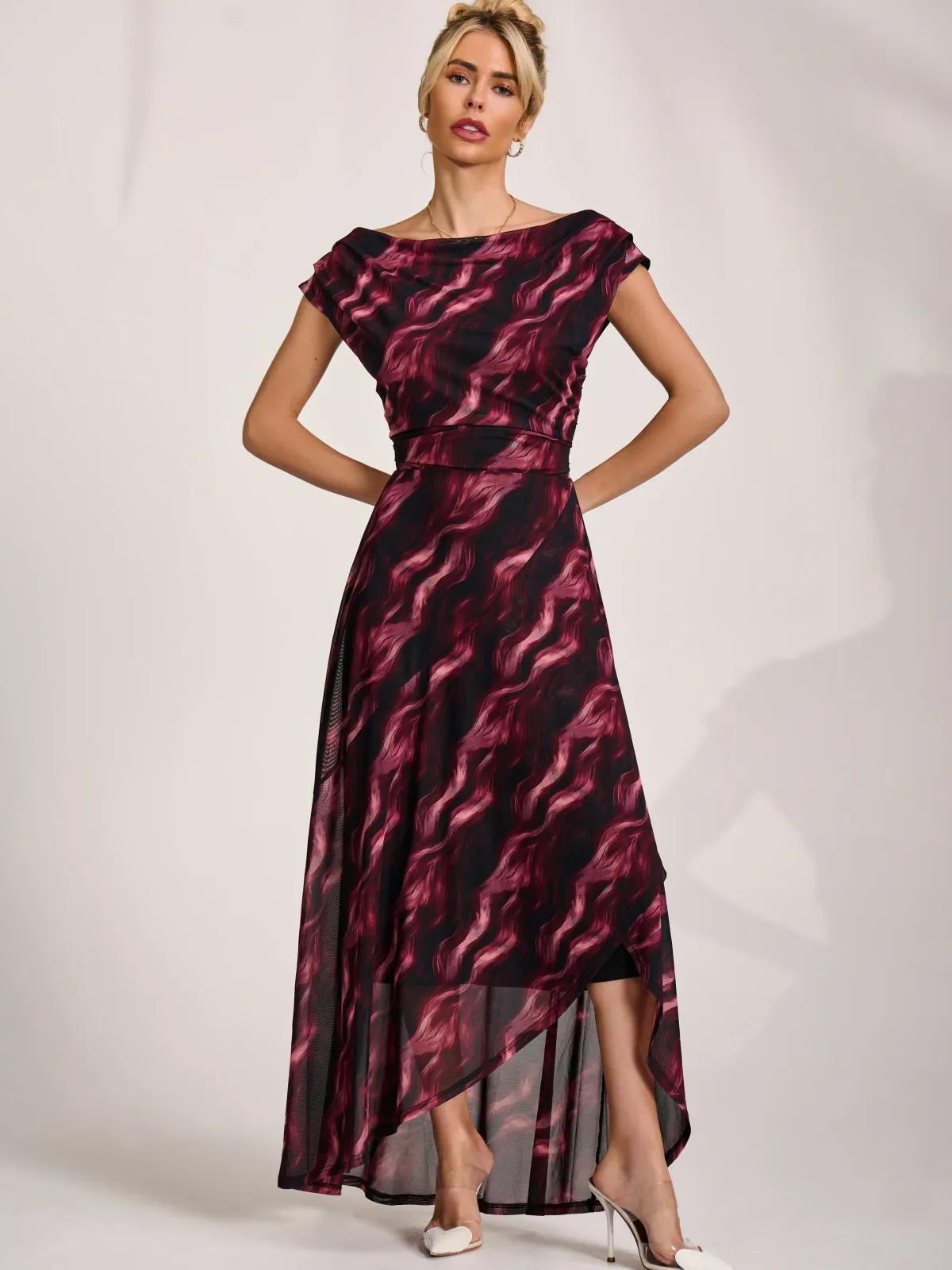 Jolie Moi Occasion Dresses|Sleeveless Dresses-Asymmetric Draped Mesh Maxi Dress, Pink Abstract