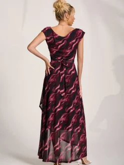 Jolie Moi Occasion Dresses|Sleeveless Dresses-Asymmetric Draped Mesh Maxi Dress, Pink Abstract