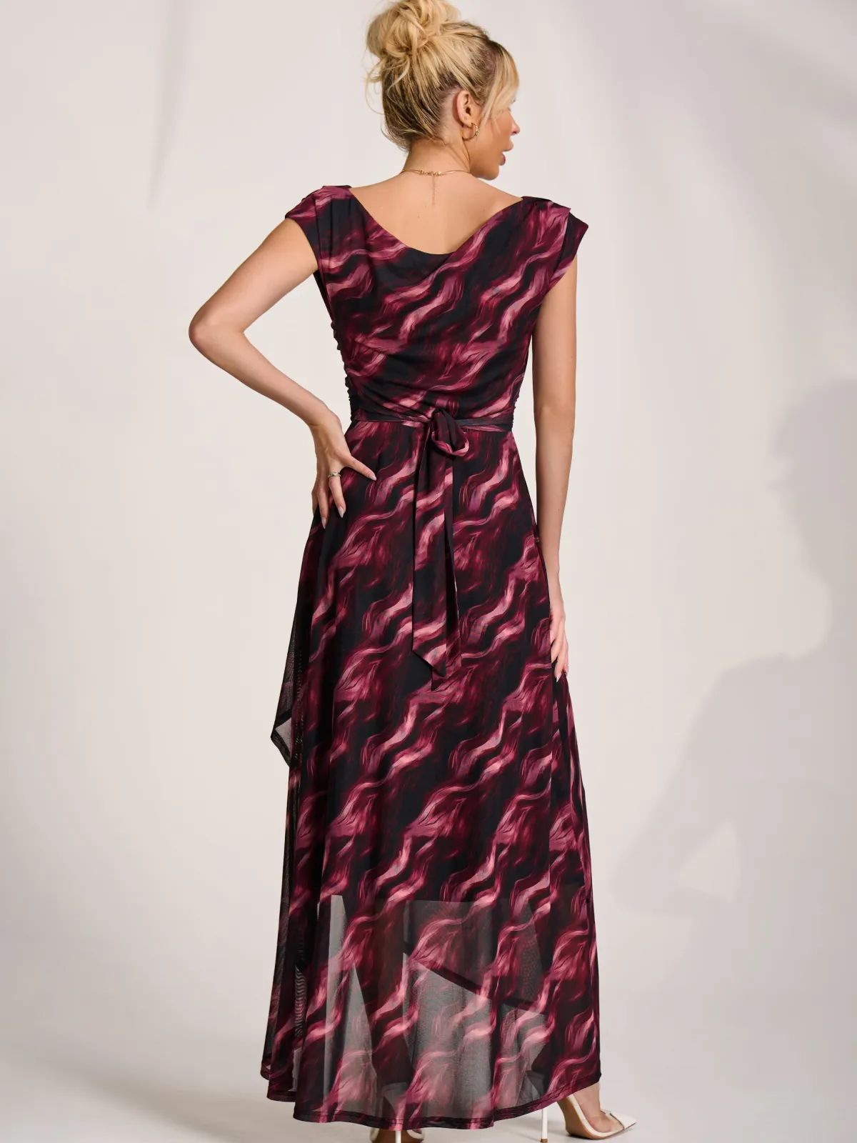Jolie Moi Occasion Dresses|Sleeveless Dresses-Asymmetric Draped Mesh Maxi Dress, Pink Abstract