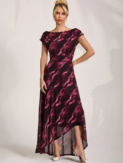 Jolie Moi Occasion Dresses|Sleeveless Dresses-Asymmetric Draped Mesh Maxi Dress, Pink Abstract