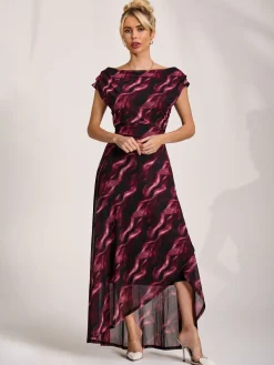 Jolie Moi Occasion Dresses|Sleeveless Dresses-Asymmetric Draped Mesh Maxi Dress, Pink Abstract