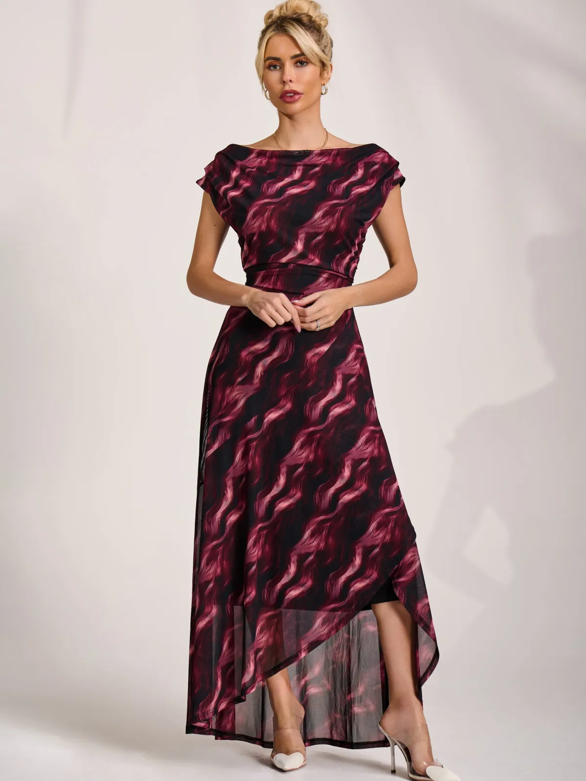 Jolie Moi Occasion Dresses|Sleeveless Dresses-Asymmetric Draped Mesh Maxi Dress, Pink Abstract