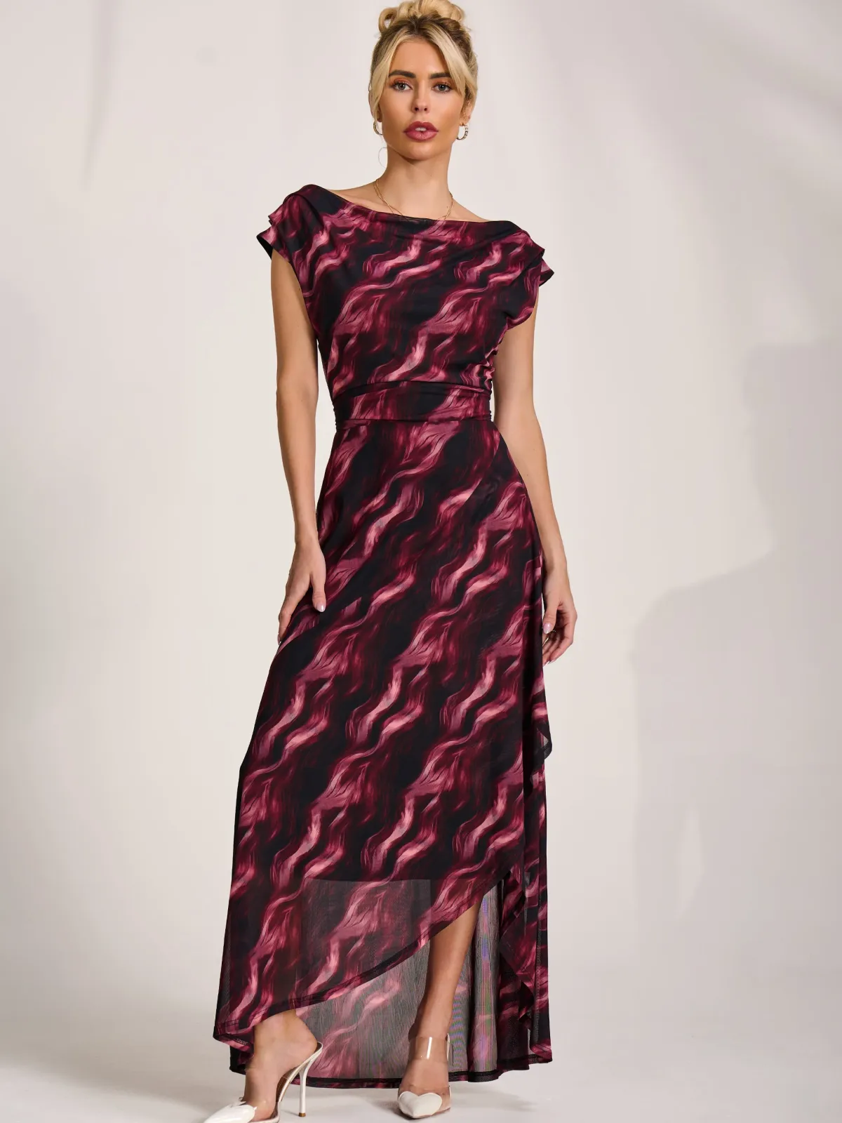 Jolie Moi Occasion Dresses|Sleeveless Dresses-Asymmetric Draped Mesh Maxi Dress, Pink Abstract