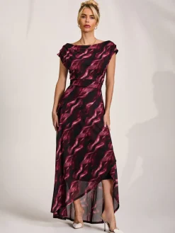 Jolie Moi Occasion Dresses|Sleeveless Dresses-Asymmetric Draped Mesh Maxi Dress, Pink Abstract