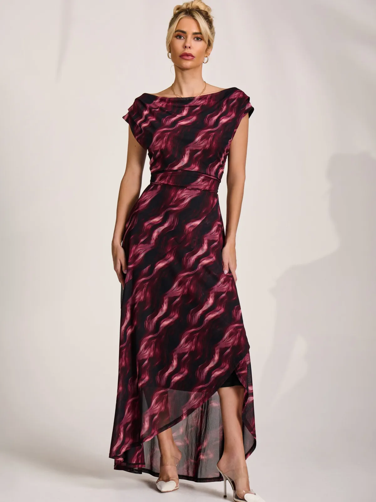 Jolie Moi Occasion Dresses|Sleeveless Dresses-Asymmetric Draped Mesh Maxi Dress, Pink Abstract