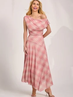Jolie Moi Party Dresses|Maxi Dresses-Asymmetric Draped Mesh Maxi Dress, Pink Check