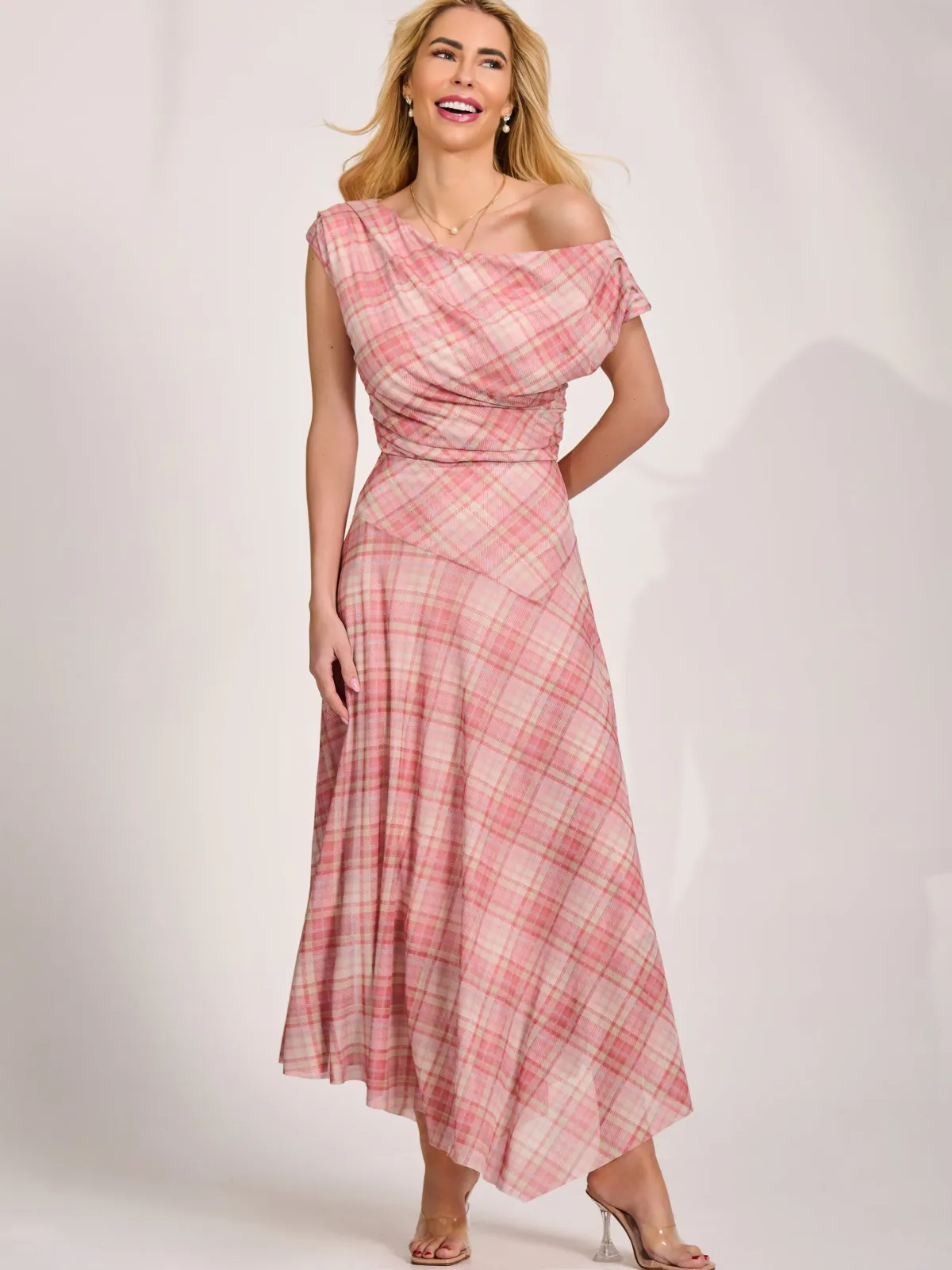 Jolie Moi Party Dresses|Maxi Dresses-Asymmetric Draped Mesh Maxi Dress, Pink Check