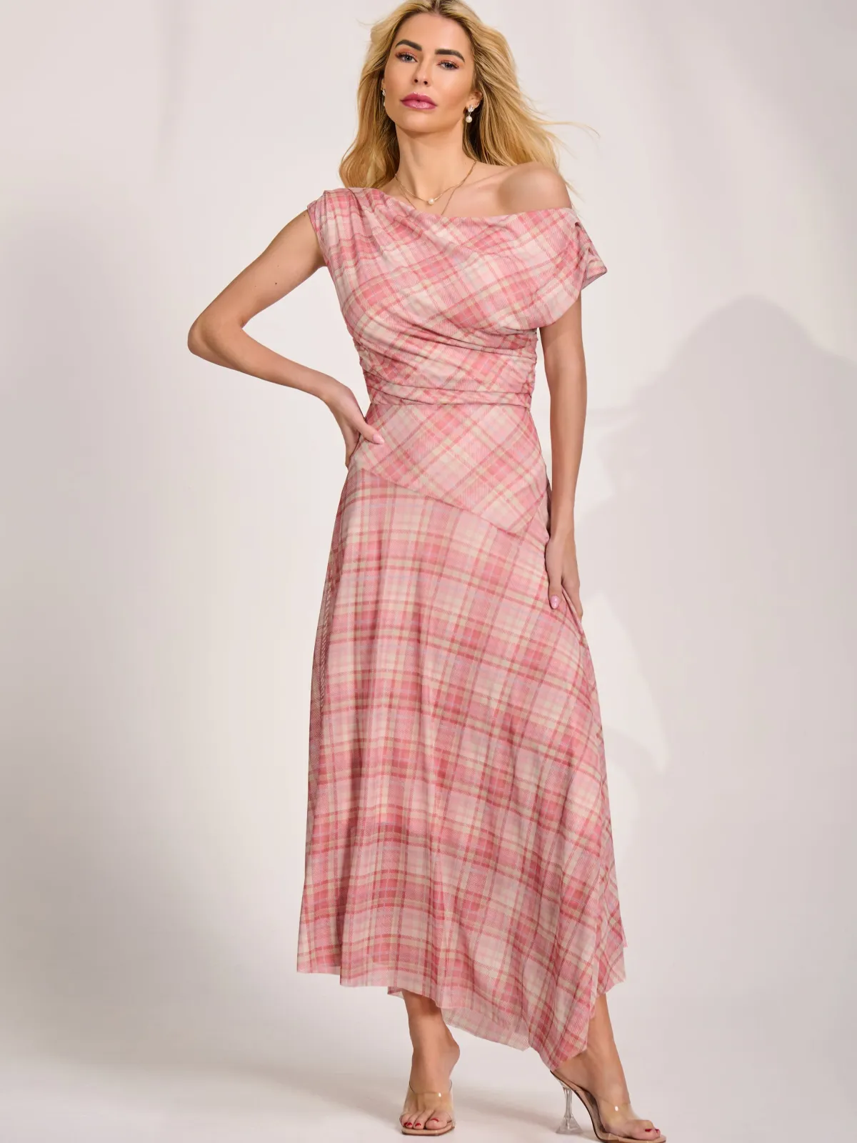 Jolie Moi Party Dresses|Maxi Dresses-Asymmetric Draped Mesh Maxi Dress, Pink Check