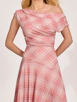 Jolie Moi Party Dresses|Maxi Dresses-Asymmetric Draped Mesh Maxi Dress, Pink Check