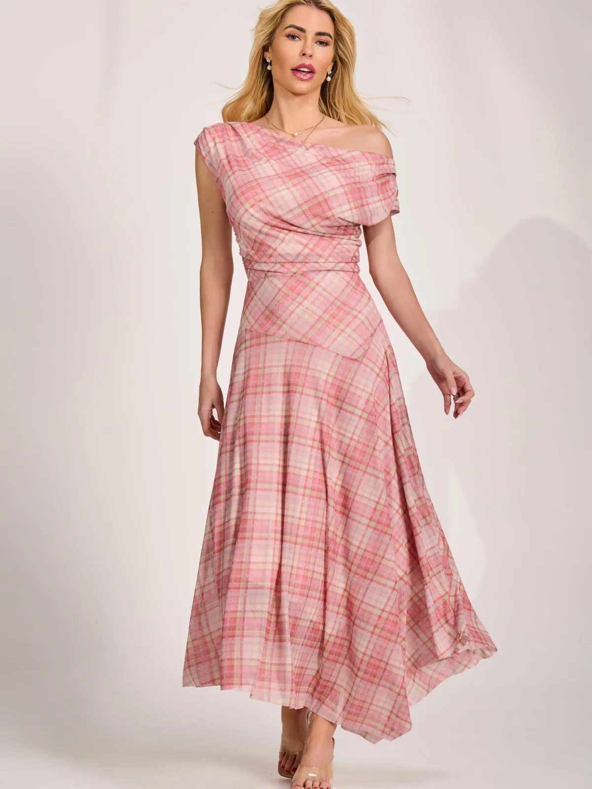 Jolie Moi Party Dresses|Maxi Dresses-Asymmetric Draped Mesh Maxi Dress, Pink Check