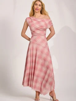 Jolie Moi Party Dresses|Maxi Dresses-Asymmetric Draped Mesh Maxi Dress, Pink Check