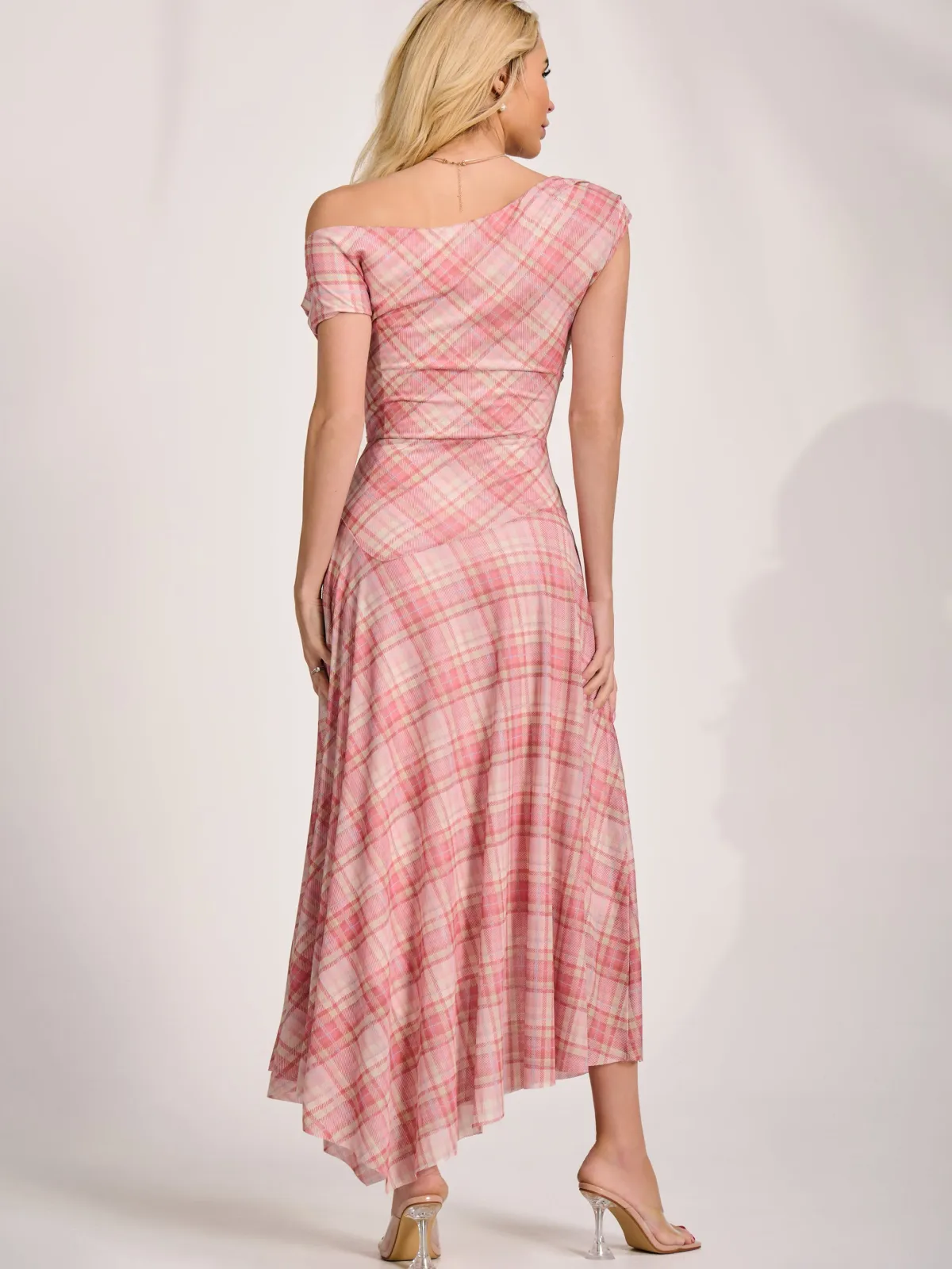 Jolie Moi Party Dresses|Maxi Dresses-Asymmetric Draped Mesh Maxi Dress, Pink Check