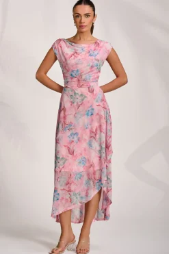 Jolie Moi Occasion Dresses|Mesh Dresses-Asymmetric Draped Mesh Maxi Dress, Pink Floral