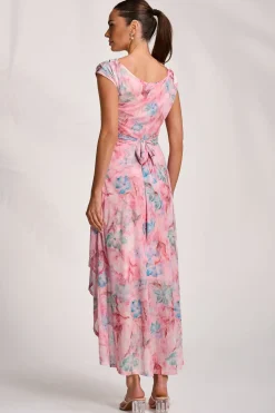 Jolie Moi Occasion Dresses|Mesh Dresses-Asymmetric Draped Mesh Maxi Dress, Pink Floral