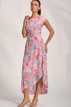 Jolie Moi Occasion Dresses|Mesh Dresses-Asymmetric Draped Mesh Maxi Dress, Pink Floral