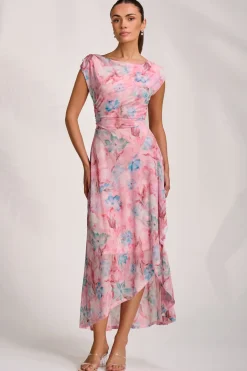 Jolie Moi Occasion Dresses|Mesh Dresses-Asymmetric Draped Mesh Maxi Dress, Pink Floral