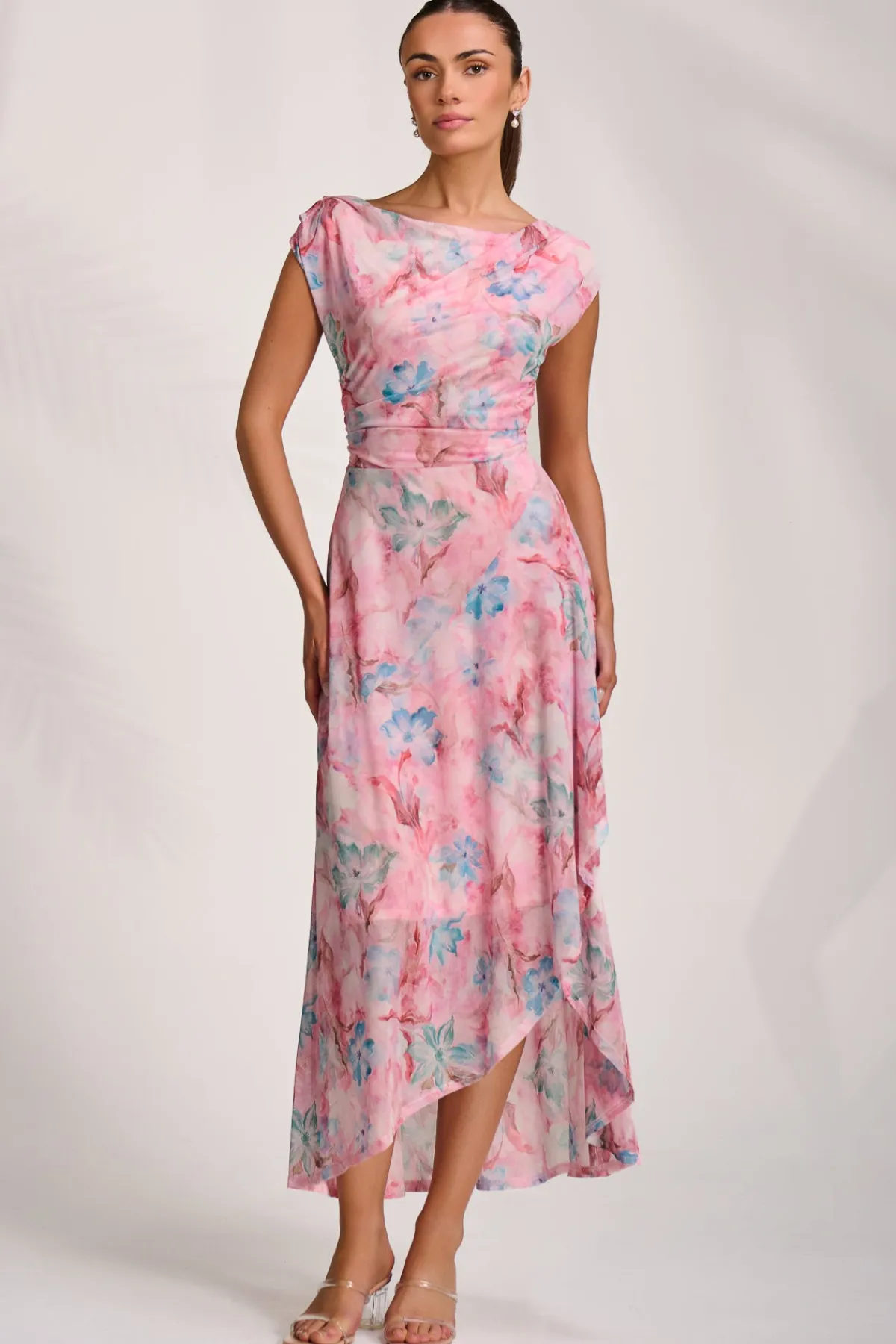 Jolie Moi Occasion Dresses|Mesh Dresses-Asymmetric Draped Mesh Maxi Dress, Pink Floral