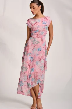 Jolie Moi Occasion Dresses|Mesh Dresses-Asymmetric Draped Mesh Maxi Dress, Pink Floral