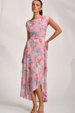 Jolie Moi Occasion Dresses|Mesh Dresses-Asymmetric Draped Mesh Maxi Dress, Pink Floral