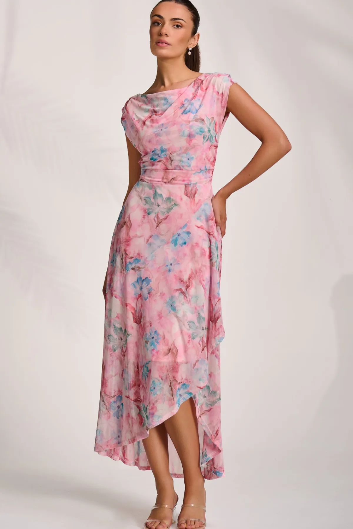Jolie Moi Occasion Dresses|Mesh Dresses-Asymmetric Draped Mesh Maxi Dress, Pink Floral